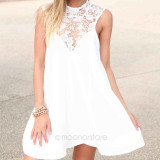 Elegant Fashion Sleeveless Round Neck Joint Dresses Hollow Out Lace Flower Dress Loose Sexy Short Dress  Black/White