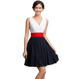 Elegant Cocktail Dresses Knee Length Women Prom Dresses with Belt Deep V Neck Vintage Short Cocktail Dress for Party 7525