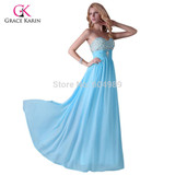 Elegant Cheap Grace Karin Blue/Yellow Beaded Long Evening Dresses 2017 Sweetheart Prom Dress Chiffon Formal Evening Gowns 3524