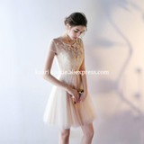 Elegant Champagne Short Prom Dresses 2017 New O-Neck Lace Appliques Party cocktail dresses Tulle A-Line Prom Dress abiye elbise