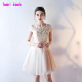 Elegant Champagne Short Prom Dresses 2017 New O-Neck Lace Appliques Party cocktail dresses Tulle A-Line Prom Dress abiye elbise