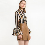 Elegant bow striped shirt women blouses casual flare sleeve top 2017 spring women's shirt cool blouse chemise plus size clothing
