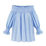 Elegant Blue Off Shoulder Female Blouse Shirt Girls Gray White Blouses Women Striped Tops XL-5XL