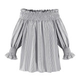Elegant Blue Off Shoulder Female Blouse Shirt Girls Gray White Blouses Women Striped Tops XL-5XL