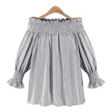 Elegant Blue Off Shoulder Female Blouse Shirt Girls Gray White Blouses Women Striped Tops XL-5XL