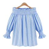 Elegant Blue Off Shoulder Female Blouse Shirt Girls Gray White Blouses Women Striped Tops XL-5XL