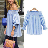 Elegant Blue Off Shoulder Female Blouse Shirt Girls Gray White Blouses Women Striped Tops XL-5XL