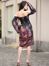 Elegant Black Bohemia Floral Strapless Midi Dress