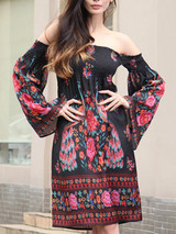 Elegant Black Bohemia Floral Strapless Midi Dress