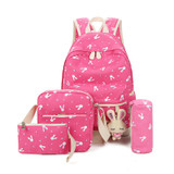 Durable Canvas Fabric Rabbit Print and Rabbit Peek Shoulder Bag Sweet Lady High School Student Bag Four Pack Set Travel Bag