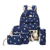 Durable Canvas Fabric Rabbit Print and Rabbit Peek Shoulder Bag Sweet Lady High School Student Bag Four Pack Set Travel Bag
