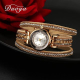 Duoya Women Dress Luxury Watch Women Gold Chain Rhinestone Leather Quartz Wristwatch Ladies Classic Fashion Bracelet Watch