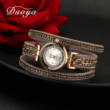 Duoya Women Dress Luxury Watch Women Gold Chain Rhinestone Leather Quartz Wristwatch Ladies Classic Fashion Bracelet Watch