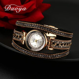 Duoya Women Dress Luxury Watch Women Gold Chain Rhinestone Leather Quartz Wristwatch Ladies Classic Fashion Bracelet Watch