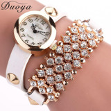 DUOYA Fashion Casual Women Bracelet Watches Vogue Bow Crystal PU Leather Analog Quartz Wrist Watch Relogio Feminino