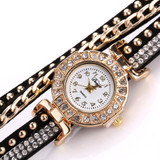 Duoya Brand Watches For Women Gold Fashion Bracelet Crystal Rhinestone Wristwatch Leather Casual Electronic Quartz Clock Watch