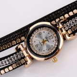 Duoya Brand Fashion Women Bracelet Watch Leather Luxury Women Crystal Wrist Watch Quartz Watch Gold  Rhinestone Wristwatch