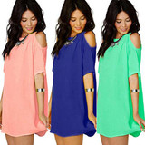 2016 Women's Fashion Summer Sexy Off Shoulder Chiffon Short Sleeve T-Shirt Tops Mini Dress