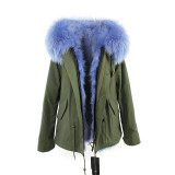 2016 women's army green Large raccoon fur collar hooded coat parkas  outwear 2 in 1 detachable lining winter jacket top quality