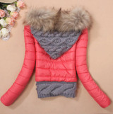 2016 Women Winter Coat Cotton Padded Jacket Short Knitted Hood Fur Collar Womens Winter Jackets and Coats