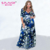 2016 women V-Neck dress floral printed Maxi Dress Women Sexy Elegant 5xl 6xl Plus Size Women summer dress Long Dresses