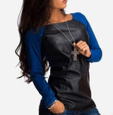 2016 Women Shirts Long Sleeve PU Leather Patchwork Blouses Fashion Autumn Winter Casual Loose Tops Blusas Plus Size NS2362