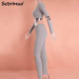 2016 Women Jumpsuit Two pieces Knitted Rompers outfits Long Pants Rompers Jumpsuit 2 Piece Set Crop Tops Bodycon Palysuit gray