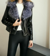 2016 Women Faux Leather Coat New   Turn-Down Faux Fox Fur Collar Black Full Sleeve Short PU Leather Bomber Jacket Women Furs 3