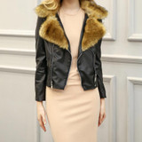 2016 Women Faux Leather Coat New   Turn-Down Faux Fox Fur Collar Black Full Sleeve Short PU Leather Bomber Jacket Women Furs 3