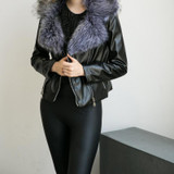 2016 Women Faux Leather Coat New   Turn-Down Faux Fox Fur Collar Black Full Sleeve Short PU Leather Bomber Jacket Women Furs 3