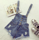 2016 Women Denim Jeans Single-breasted Casual Hole Jumpsuit Romper Overalls jeans shorts