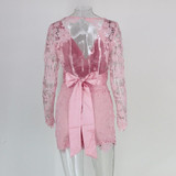 2016 Women Deep V-neck Long Sleeve Lace Floral dress backless Mini Bodycon Dress with bow belt Dresses Vestido 2016 Women Deep V-neck Long Sleeve Lace Floral dress backless Mini Bodycon Dress with bow belt Dresses Vestido