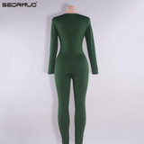 2016 Women Bodysuit Rompers Womens Jumpsuit Long Sleeve Sexy Deep V neck Full Length Bodycon Jumpsuits American Apparel