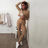 2016 winter Women Two Piece Outfits Pants Set Rompers Jumpsuit #7 Long Pants 2 Piece Set army Crop Tops + pants casual rompers