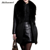 2016 Winter Women Black Trench Leather Clothing Female Thick Large Fur Collar Coat Plaid Long Leather Coat Women Parkas Jackets