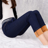 2016 Winter Style Jeans Women Gold Fleeces Inside Warm Jeans Striped High Waist Denim Pencil Pants Thicken Trousers P8038