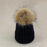 2016 Winter Knitted Real Fur Hat Women thicken Beanies skullies  with 15cm Raccoon Fur Pom poms Caps snapback beanie Hats