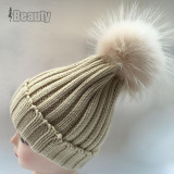 2016 Winter Knitted Real Fur Hat Women thicken Beanies skullies  with 15cm Raccoon Fur Pom poms Caps snapback beanie Hats