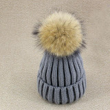 2016 Winter Knitted Real Fur Hat Women thicken Beanies skullies  with 15cm Raccoon Fur Pom poms Caps snapback beanie Hats