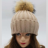 2016 Winter Knitted Real Fur Hat Women thicken Beanies skullies  with 15cm Raccoon Fur Pom poms Caps snapback beanie Hats