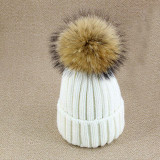 2016 Winter Knitted Real Fur Hat Women thicken Beanies skullies  with 15cm Raccoon Fur Pom poms Caps snapback beanie Hats