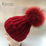 2016 Winter Knitted Real Fur Hat Women thicken Beanies skullies  with 15cm Raccoon Fur Pom poms Caps snapback beanie Hats
