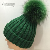 2016 Winter Knitted Real Fur Hat Women thicken Beanies skullies  with 15cm Raccoon Fur Pom poms Caps snapback beanie Hats
