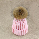 2016 Winter Knitted Real Fur Hat Women thicken Beanies skullies  with 15cm Raccoon Fur Pom poms Caps snapback beanie Hats