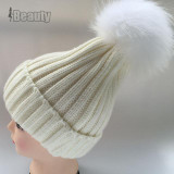 2016 Winter Knitted Real Fur Hat Women thicken Beanies skullies  with 15cm Raccoon Fur Pom poms Caps snapback beanie Hats