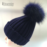 2016 Winter Knitted Real Fur Hat Women thicken Beanies skullies  with 15cm Raccoon Fur Pom poms Caps snapback beanie Hats