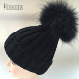 2016 Winter Knitted Real Fur Hat Women thicken Beanies skullies  with 15cm Raccoon Fur Pom poms Caps snapback beanie Hats