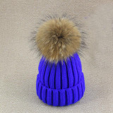 2016 Winter Knitted Real Fur Hat Women thicken Beanies skullies  with 15cm Raccoon Fur Pom poms Caps snapback beanie Hats