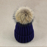 2016 Winter Knitted Real Fur Hat Women thicken Beanies skullies  with 15cm Raccoon Fur Pom poms Caps snapback beanie Hats