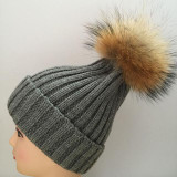 2016 Winter Knitted Real Fur Hat Women thicken Beanies skullies  with 15cm Raccoon Fur Pom poms Caps snapback beanie Hats